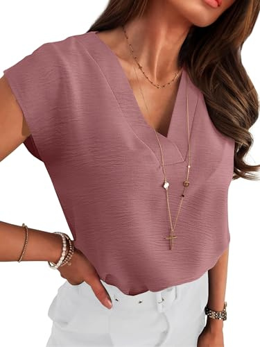 ANRABESS Women Tops Cap Sleeve Dressy Casual V Neck Shirts 2026 Summer Business Work Blouses Outfits Trendy Spring Clothing Dusty Rose Medium
