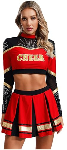 iEFiEL Damen Cheer Leader Kostüm Cheerleading Uniform Langarm Crop Top Bauchfrei Oberteile Und Minirock Metallic Faltenrock Rot S
