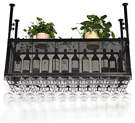 Adjustable 2 Layer Ceiling Hanging Wine Rack Shelf for Restaurant Cafe Kitchen Glassware Holder Display Cabinets Wall Mounted Wine Bottle Organizer with Adjustable Height