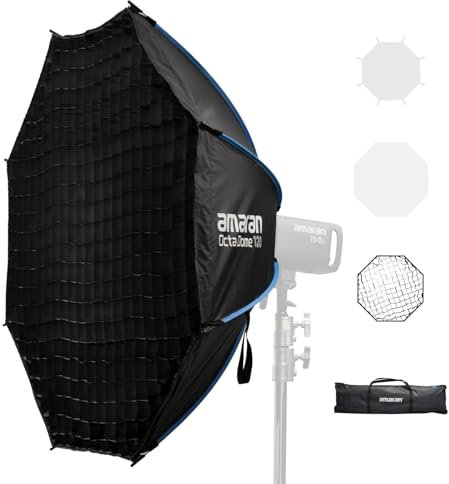Amaran Octa Dome 120 Softbox Octogonale à Monture Bowens, Modificateur de Lumière Grand Format à Montage Rapide avec Diffusion & Grille pour Portraits & Vidéo, Portable avec Sac de Transport