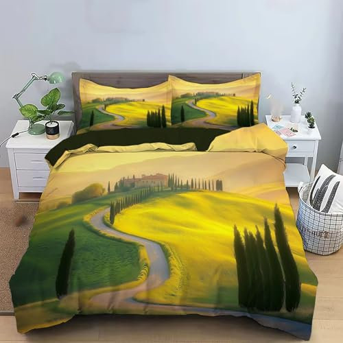 JSCWDET Bettwäsche 155x220cm 3teilig Grüne Zypresse Wendebettwäsche Gelber Hügel Bettwaren-Set Komfortabler Weiche Bettbezug mit Reißverschluss und 2Kissenbezug 80x80cm