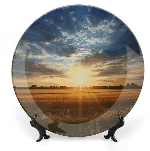 DWTJKMS Field Sunrise Dekoteller aus Knochenporzellan, 17,8 cm, bedrucktes Muster, Keramikteller mit Präsentationsständer, Speiseteller, Kunst, Handwerk, Ornamente zum Aufhängen an der Wand