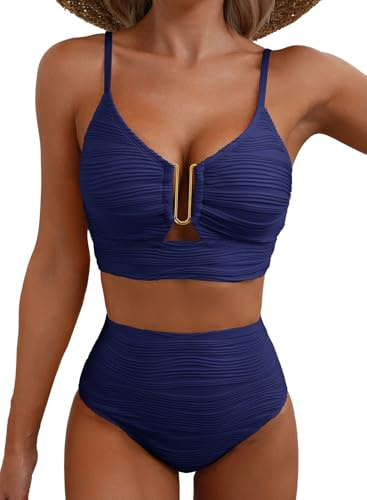 Herseas Womens Sexy U Wired Ruched Push Up 2 Piece Bikini Sets Tummy Control High Waisted Cutout Bathing Suit Adjustable Straps Swim Suits Trendy Swimming Pool Outfits Navy Blue Medium