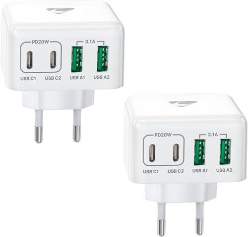 2Pack Chargeur USB C, 40W 4 Port Prise USBC Chargeur Rapide Multi Secteur Double Port PD+QC Type C Adaptateur pour iPhone 16 15 14 13 12 11 Pro Max X XS XR 8 7 6S Plus Mini SE, iPad, Samsung Galaxy