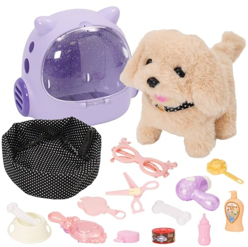 EULEUY Electronic Pet Dog Interactive Plush Toy kids,Pet Grooming and Feeding Playset with Cage,Dog Walking Barking Wagging Tail Educational Toy,Pretend Dress Up Toy, for Boys Girls 3+