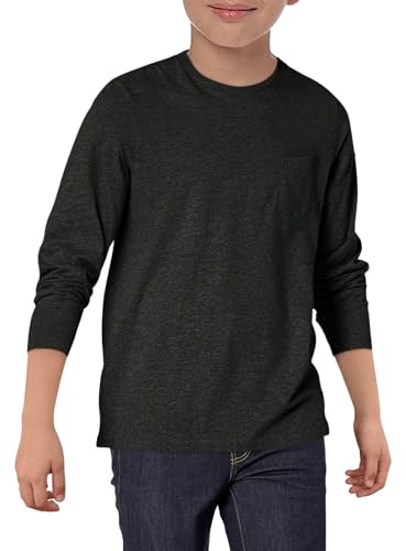 Haloumoning Pojkar långärmad tröja barn rund hals T-shirt enfärgad långärmad sporttoppar casual basic t-shirts toppar med bröstficka 5–14 år, svart, 7-8 år