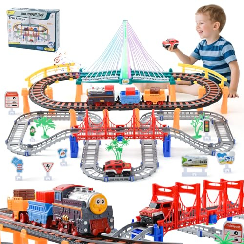 LTFIOON Trenino Elettrico per Bambini,140 PCS Piste Macchinine per Bambini,Giocattolo Auto Pista Flessibile,Piste per Automobili con Ponte,Macchinina Giocattoli Natale Regalo 3 4 5 6 7 8 Anni