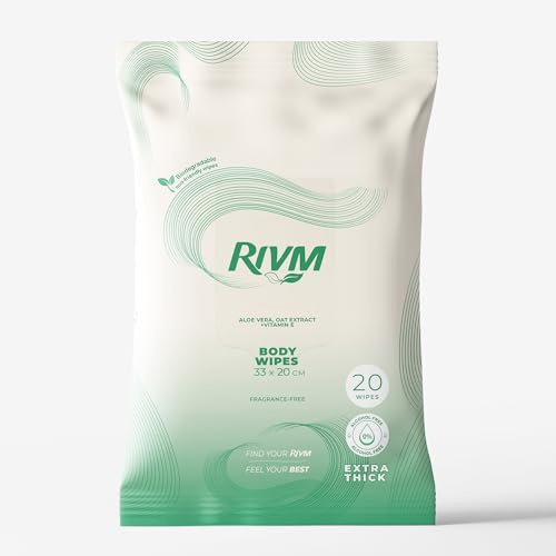 RIVM Fragrance-Free Body Wipes for Adults, Extra Large, Biodegradable & Rinse-Free Wet Wipes for Personal Care, Elderly, Travel, Camping, Sports & Gym, 33x20cm, 1 Pack of 20 Wipes