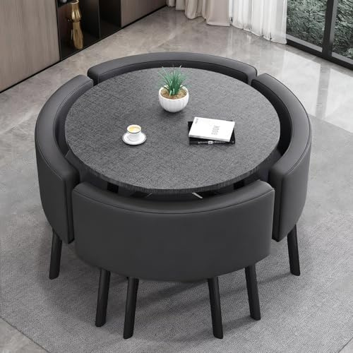 VTELGT Esstisch und 4 Stuhlset, 90cm Runder Esstisch und 4 Kunstleder Esszimmerstühle,platzsparendes für Küche, Wohnzimmer, Balkon, Restaurant, Büro,Grauer Kreis