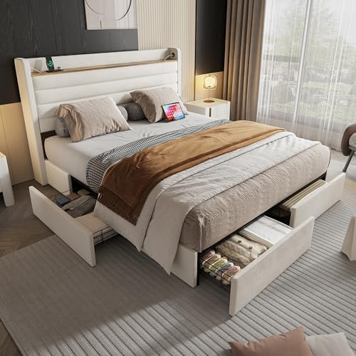 Kelodan Gran 160 x 200 cm, moderno marco de cama con terciopelo acolchado, cabecero con puerto USB y función de almacenamiento, 4 cajones en la parte inferior del marco de la cama, color beige