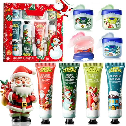 Creme Main Noel Set, 4 Pièces Coffret Creme Main+4 Pièces Baume a Levre, Mini creme Main, Christmas Hand cream, Cadeau Noel Femme, Absorption Rapide