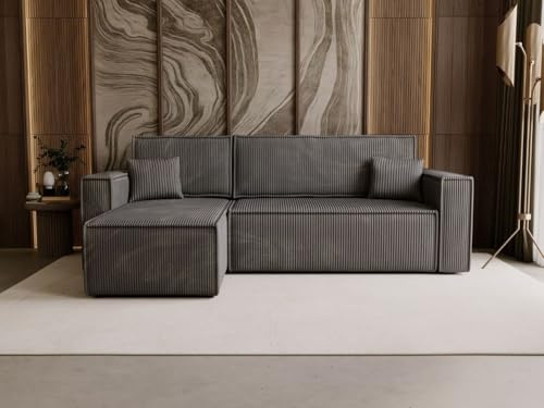 GRAINGOLD Prato L Ecksofa mit Schlaffunktion & Bettkasten 253x145 cm, L-Form Sofa mit Stauraum, Schlafcouch für Wohnzimmer, Cord Stoff, 3-Sitzer Eckcouch, Modernes Design (Dunkelgrau)