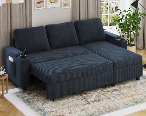 Devoko Ecksofa mit Schlaffunktion und Bettkasten L-Form Sofa 3-Sitzer Ausziehbares Schlafsofa Velours Couch Kleines Schlafcouch für Wohnung und Wohnzimmer, Blauschwarz