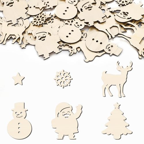 GoldRock 100 Stück Streudeko Weihnachten Holz Konfetti 2-6 cm, Tischdeko Weihnachten,Weihnachts Dekoration mit Stern,Schneeflocke,Rentier,Weihnachtsbaum,Weihnachtsdeko Kleinteile für Basteln,Geschenke