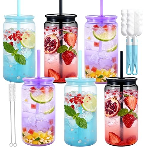 CuppaLifes 500ml Plastic Mason Jars with Lids and Straws, Leak-Proof Reusable Tumblers for Iced Coffee, Cocktails, Smoothies, Juice, Beer, Cold Drinks, 6 Pack (6, Vivid)