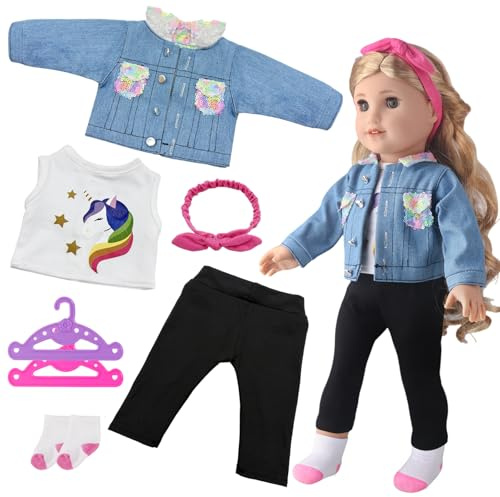 7 Stück Puppenkleidung für 35-43 cm Newborn Baby Puppen, 1 Blaue SequenJacke, Oberteil, Schwarze Hose, Stirnband, Socken, Kleiderbügel für 14-17 Zoll Babypuppen Kinder