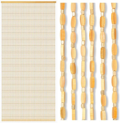 90x200cm Perlenvorhang Türvorhang Bambus, 52 Stränge Natur Bambusperlenvorhang mit Holzleiste, Bambusvorhang in Handarbeit als Insektenschutz, Fliegenvorhang & Sichtschutz für Küche, Flur, Wohnzimmer