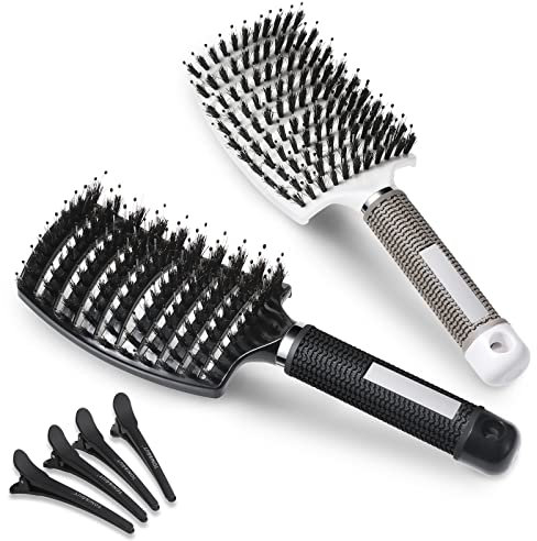 Lictin 2 Brosse Cheveux, Crosse Poils Sanglier, Brosse a Cheveux Anti-Nœud pour Femmes, Hommes et Enfants avec 4 Epingles à Cheveux