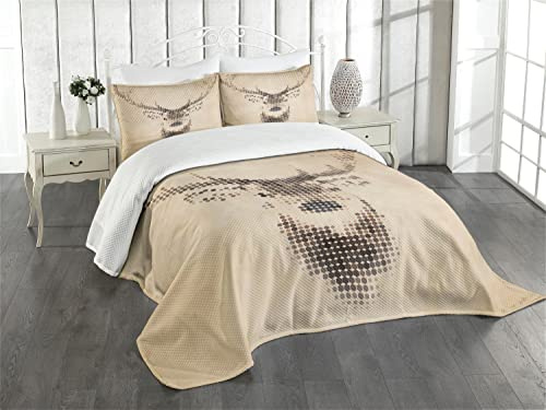 ABAKUHAUS Hirsch Tagesdecke Set, Deer Portrait mit Punkten, Set mit Kissenbezug Kein verblassen, für Einzelbetten 170 x 220 cm, Braun Creme