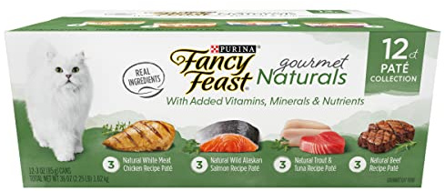 Purina Fancy Feast Grain Free Wet Cat Food Pate Variety Pack Gourmet Naturals–Beef, Chicken, Salmon, Trout and Tuna - (2 Packs of 12) 3 oz. Cans