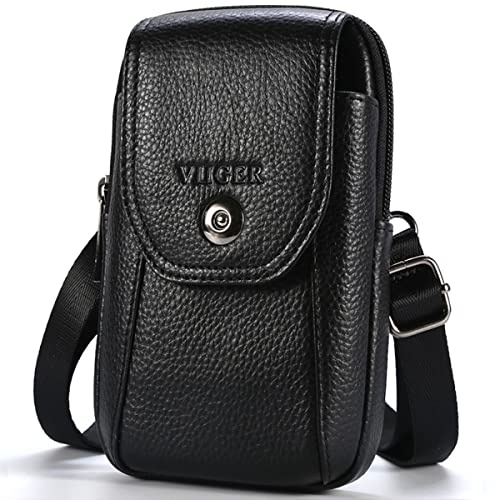 VIIGER Genuine Leather Cell Phone Shoulder Holster with Belt Loop Compatible for iPhone 16 Pro Max 15 Pro Max Galaxy S25 Ultra S24 Ultra, Multi-pocket Crossbody Phone Bag Wallet Purse Belt Clip Pouch