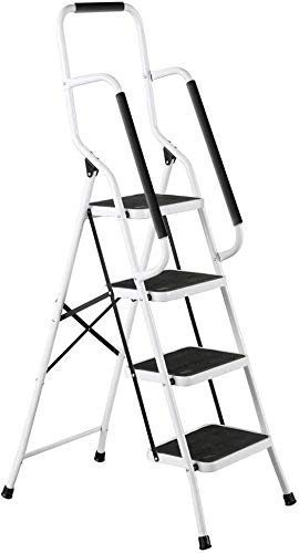 Escabeau pliable 4 marches en acier robuste avec bande antidérapante et rampe de sécurité antidérapante