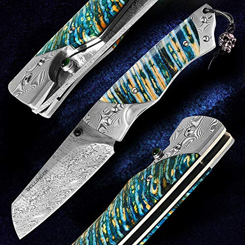 DELLINGER Angriperen RWL34 Damast Taschenmesser & Klappmesser & Damaststahl Messer & Outdoor Damastmesser Folder Knife 8 cm Klinge