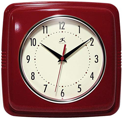Infinity Instruments Square Silent Retro 9 inch Mid Century Modern Kitchen Diner Retro Wall Clock Quartz Sweep Movement (Red)