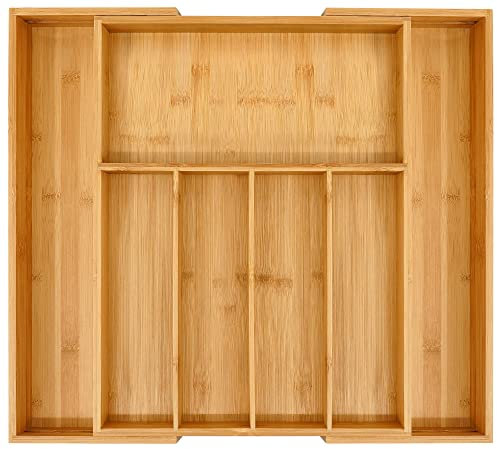 VaeFae Bamboo Cutlery Drawer Organiser, Expandable Cutlery Tray, Wooden Drawer Dividers for Kitchen Utensils and Flatware (5-7 Slots)