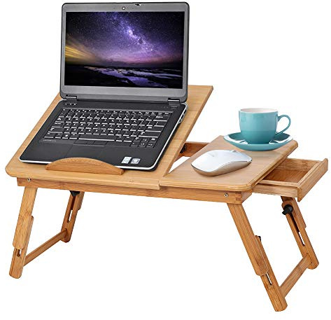 Multifunktionaler Bambus-Laptoptisch höhenverstellbar, klappbarer Notebook-Schreibtisch mit Schublade & Belüftung für Bett, Sofa, Arbeit, Frühstück, Lesen