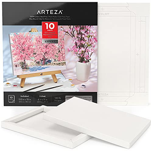 Arteza Aquarellpapier Faltbarer Leinwandblock, Art Block 20.4 x 28 cm, 10 Blatt 100% Baumwollpapier 300 g/m², Künstlerpapier für Aquarellmalerei