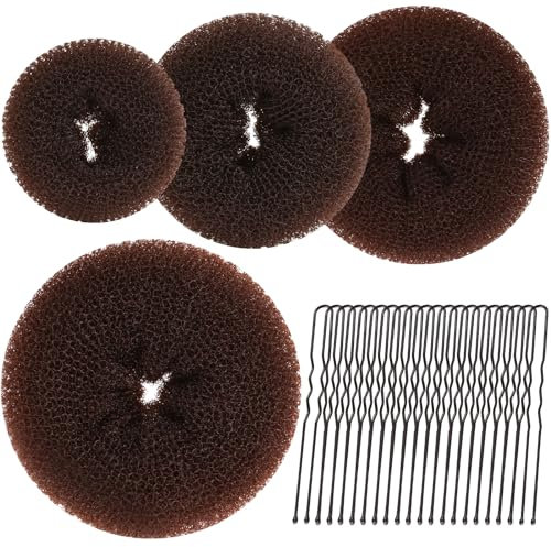 Brown Hair Donut, Teenitor 4 Sizes Donut Bun Maker with 20pcs 7cm Brown Bobby Pins, Extra-large & Large & Medium & Small Hair Bun Ring Style as Ballet Bun Kit for Dancer Ballerina Chignon Doughnut