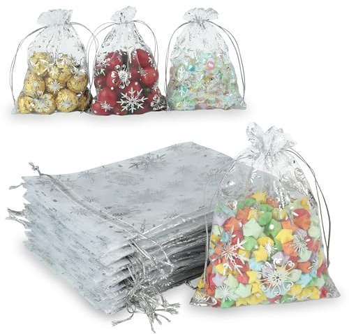 Jedebartey Weiß Organzasäckchen 20 Stück, 13 x 18 cm Silber Folie Muster Kordelzug Organza Säckchen Schmuckbeutel Geschenkbeutel für Baby Show Hochzeit Geburtstagsparty Schmuck