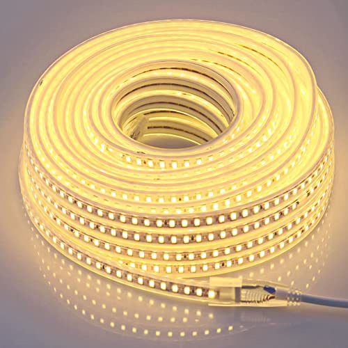 pcning 20M LED Strip 230V Direktanschluss 3000K Warm Weiss Streifen, SMD 5730 120 leds/m IP67 Wasserdicht Stripes Band 20 Meter (Warmweiß, 20.00)