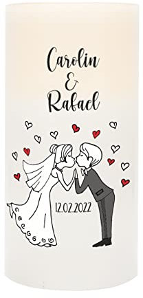 Herz & Heim® LED Echtwachs Hochzeitskerze mit Beschriftung der Namens und Datum Brautpaar