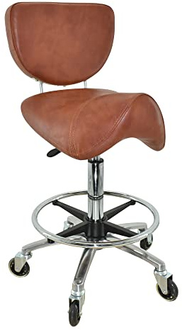 VAKON SALON - Sattelhocker mit Lehne Hellbraun, Sattelstuhl für Rückenentlastung, Rollhocker höhenverstellbar von 55-75 cm mit Fußring, Drehhocker, Praxishocker, Bürohocker, Arbeitshocker