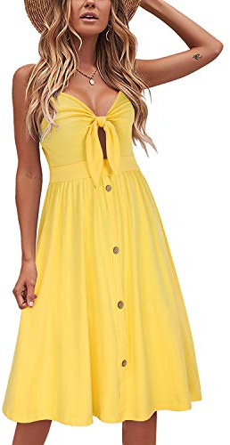 VOTEPRETTY Womens Summer Dresses Tie Front Beach Dress Strappy Sundress with Pockets for Party Vacation Yellow