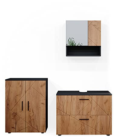 Vicco Badmöbel-Set Irma, Goldkraft Eiche/Anthrazit, 80 cm, besteht aus Waschbeckenunterschrank, Spiegelschrank und Midischrank