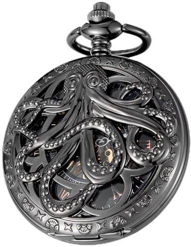 Tiong Montre de Poche mécanique Vintage en Forme de Pieuvre avec Chiffres Romains, Cadran Squelette, Montre de Poche avec chaîne