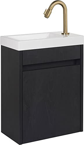 Saqu Florence Gäste WC Waschbecken mit Unterschrank Vormontiert - in Schwarz-Eiche mit Mineralmarmor-Waschbecken und goldenem Wasserhahn - Kleines Gäste WC Bad Möbel mit Waschtisch