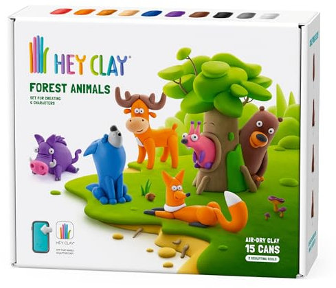 Hey Clay Waldtiere-Set – bunte Modellier-Kinder – lufttrockenes Ton-Set 15 Dosen und Modellierwerkzeuge mit lustiger interaktiver Anleitung (evtl. nicht in deutscher Sprache)