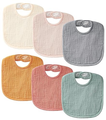 POIKSHARK 6-Pack Muslin Baby Bibs for Unisex Boys Girls, Solid Colors, Soft Cotton Baby Drool Bibs, Drooling and Teething Bibs for Infant, Newborn - Neutral