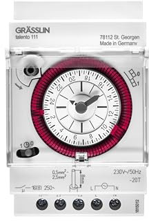 GRÄSSLIN 01.28.1001.1 talento 111 SK- analoge Verteilerschaltuhr mit Tagesprogramm I 3TE I 1-Kanal I Montage auf DIN-Schiene I mit Schraubklemme I LED bis 180W I Glüh- und Halogen bis 1100W