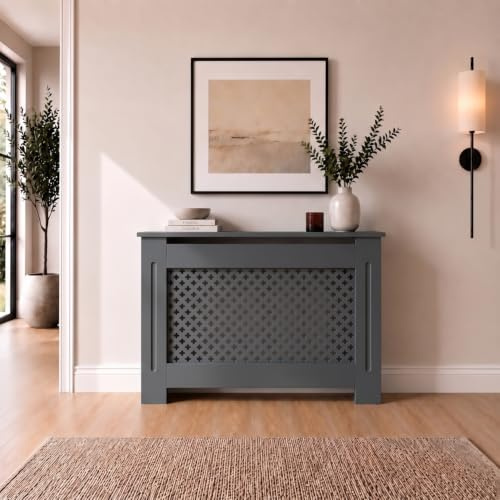 DuraTherm® Radiator Cover Anthracite Grey Painted Traditional Cross Slat Shelves MDF Cabinet Shelf for Radiators, Living Rooms, Bedrooms, Medium (H: 112cm / W: 81.5cm / D: 19cm)