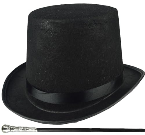 SunaOmni Cappello a Cilindro Di Natale Costume 2 Pezzi/set Cappello a Cilindro Di Halloween ＆ Canna Nera Anni '20 Accessori Da Uomo Cappello Da Mago Cappello a Cilindro Nero