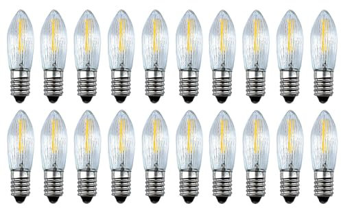 SHR 20 Stück LED Filament Topkerze 23V 0,2W E10 für Schwibbogen mit 10 Brennstellen, Riffelkerze Ersatzlampe für Lichterkette, Pyramide etc.