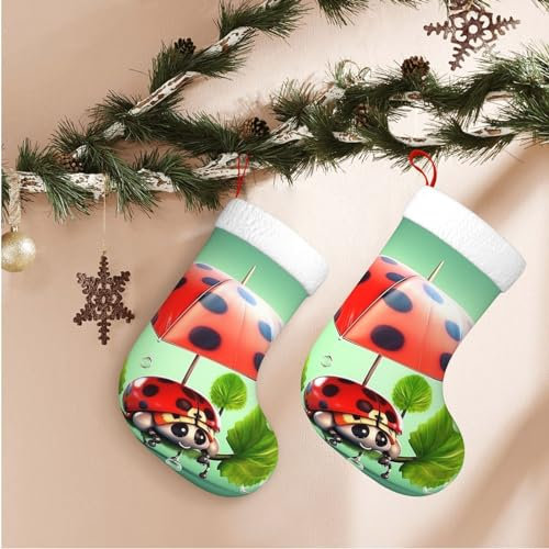 AdaNti Weicher Weihnachtsstrumpf, lustiger Marienkäfer mit Regenschirmen, Druck, Weihnachtsbaum-Dekor-Strümpfe, personalisierte Weihnachtsstrümpfe für Familie, Weihnachten, Urlaub, Jahreszeit,