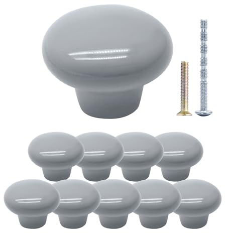 suiwotin Pack of 10 Light Grey Round Ceramic Knobs for Cabinet, Pantry, Drawer, Cupboard, Furniture