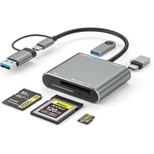 XQD - Lector de tarjetas SD/TF USB C (10 Gbps), lector de tarjetas externo multipuerto multipuerto 5 en 1, hub USB compatible con portátiles tipo C, compatible con Windows/Mac OS/Android