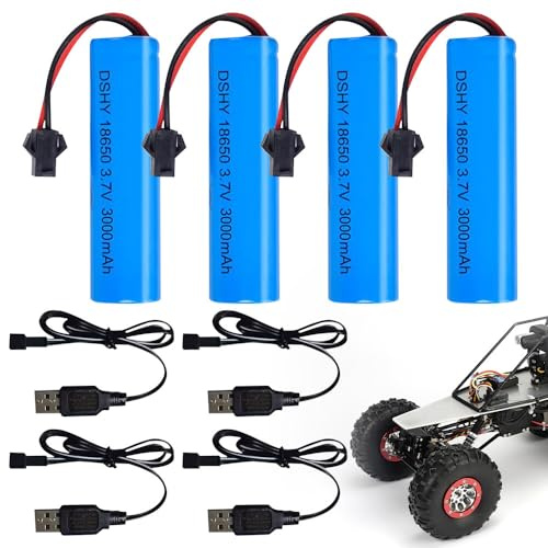 KUWUNG 18650 Akku 3,7v, 4 Stück 3000mAh Li-Ion Battery mit 4 SM-2P-Steckern und USB-Ladegerät, Rechargable RC Akku für RC Fahrzeuge, Boote, Roboter, Panzer, Auto, Stunt Car